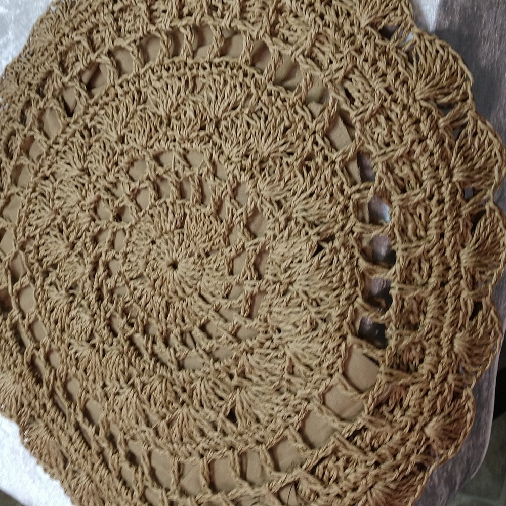 SALE Circle Handmade Crochet Shoulder Tote Bag Lined Zipper Light Brown Boho - Picture 6 of 13